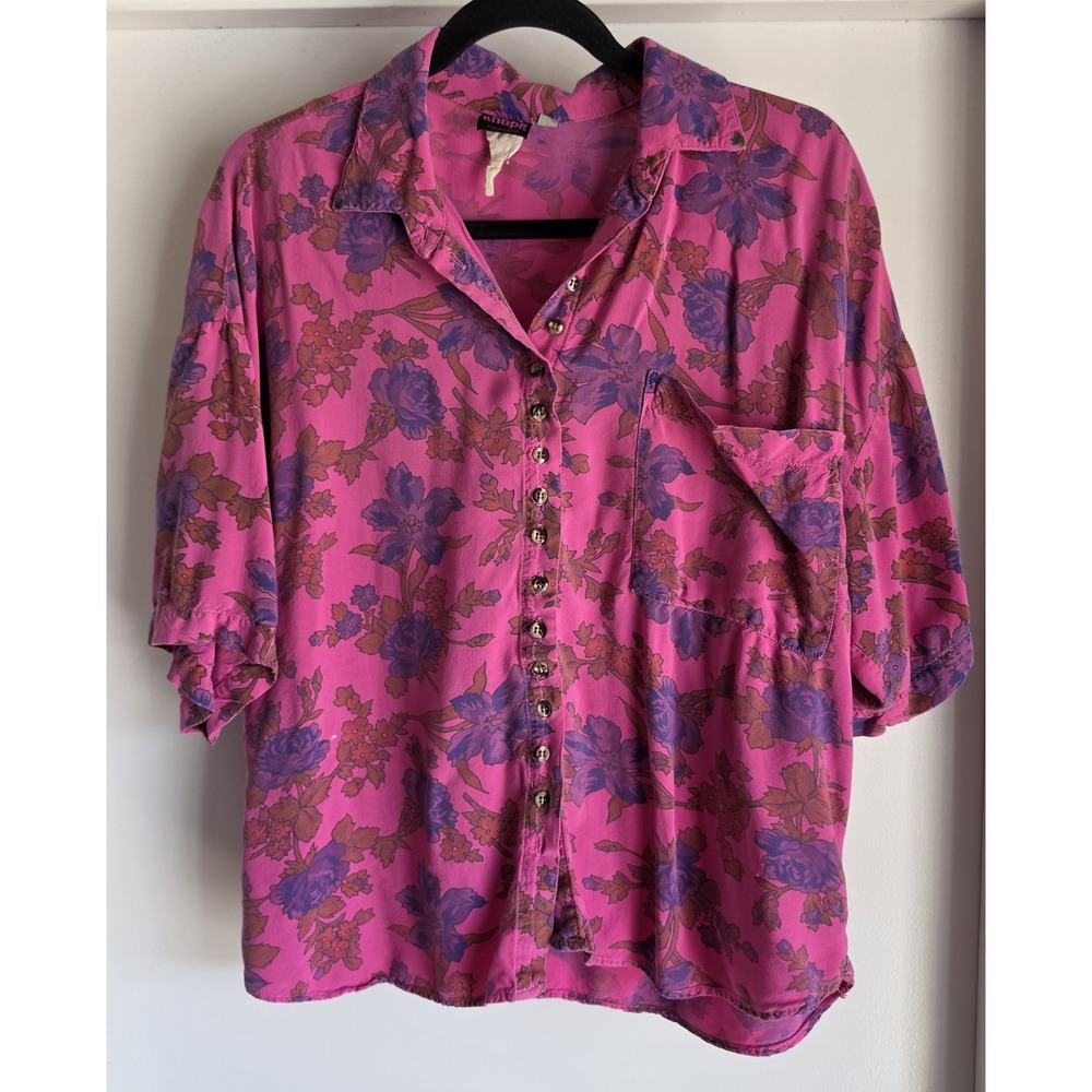Judy Knapp Womens Blouse Size L Pink Floral Collared Short Sleeve Top Retro VTG
